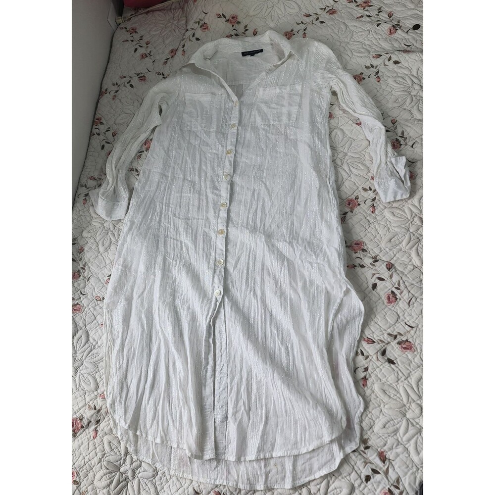 Club Z Collection White Maxi Shirt Dress Swim Cover Up Roll Tab Sleeve Size M